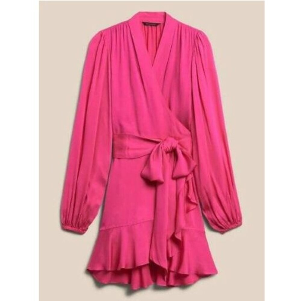 NWT Banana Republic Peony Pink Silky Satin Long Sleeve Ruffle Wrap Mini Dress M